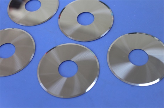 Ø60mm tungsten carbide circular slitting blade with 0.5mm ultra-thin profile and 17° V-shaped cutting edge, shown in mirror-polished finish for precision film, foil, and electronics slitting